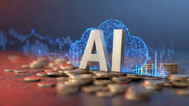 Artificial intelligence icon with cloud computing, financial trade graphs, and money coins for smart investment concept.