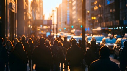 Obraz premium Silhouetted crowd of people walking through a busy urban city street during golden hour sunset with warm light