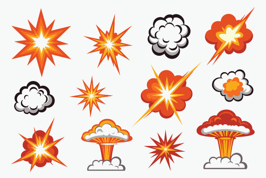 Diverse collection of cartoon explosion icons and comic book smoke clouds in orange and white colors isolated on light background.