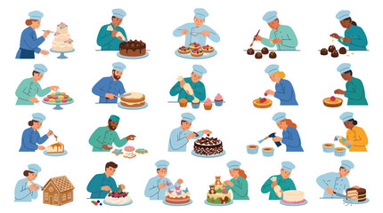 Obraz premium Bakers Decorating Cakes and Pastries, Vector Flat Illustration, Food Industry