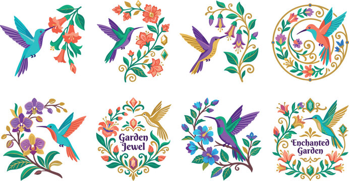 Decorative Hummingbird and Floral Garden Vector Collection with Ornamental Botanical Illustrations