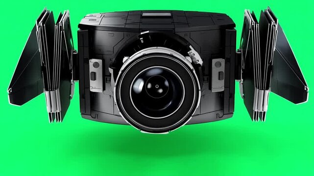 Futuristic black surveillance camera with folding wings on green screen