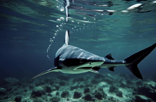 Shark swimming underwater, viewed from below, sunlight filtering through surface, silhouette highlighting streamlined body, dorsal fin, and tail against bright background.