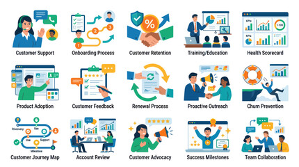 Fototapeta premium Flat Vector Customer Success Icons Set: Business Processes, Onboarding, Retention, Feedback, Support, CRM Concepts