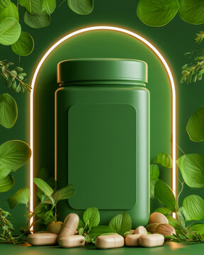 Green Herbal Supplement Bottle Mockup With Leaf Arch and Natural Wellness Branding