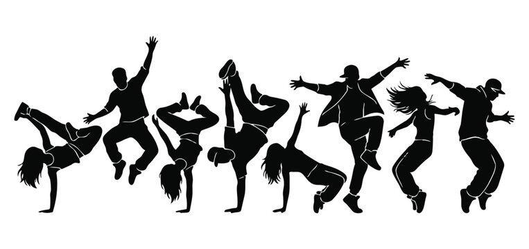 Dynamic black silhouette illustration of energetic street hiphop dancers posing on an isolated white background