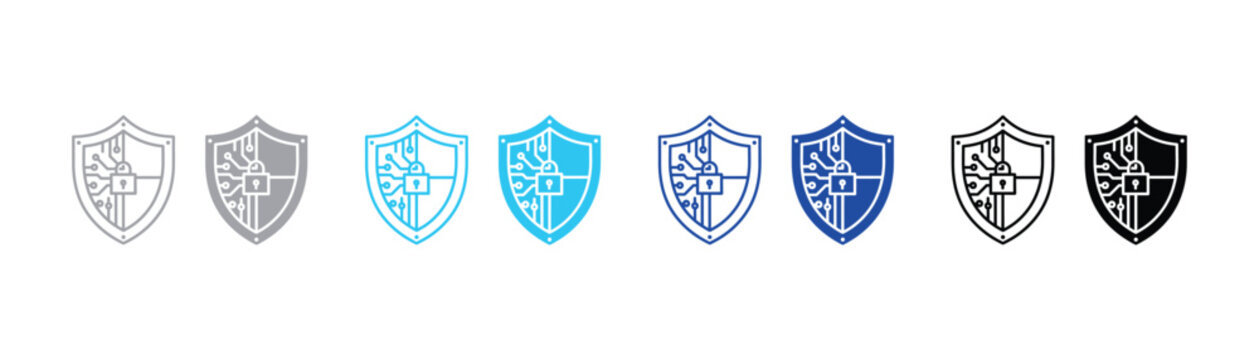 Cyber security shield with circuit board and padlock icons security protection technology information encryption hardware software business isolated collection monochrome pictogram