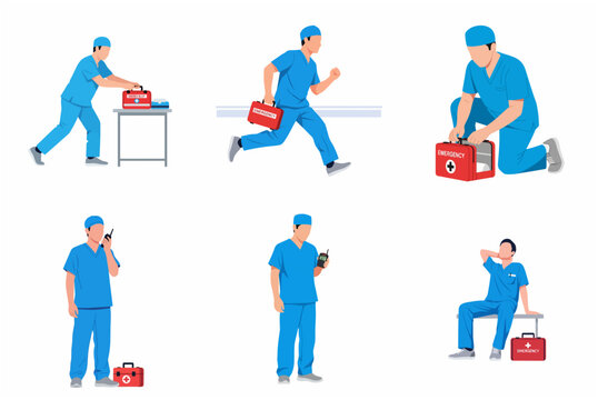 Set of male paramedic or medical professional characters in blue scrubs carrying an emergency kit and using a walkie-talkie in various poses, flat vector illustration on white background.