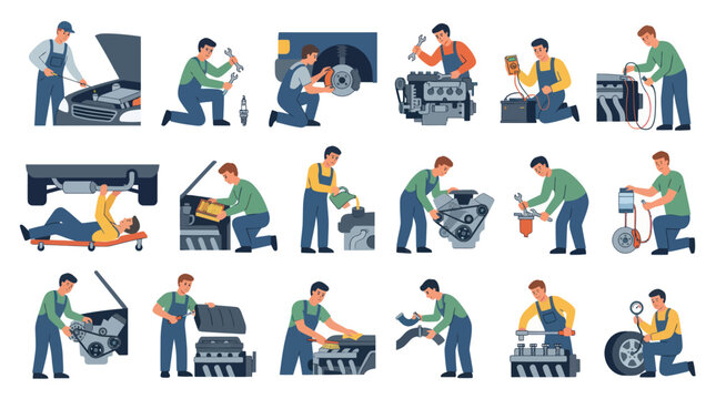 Flat Vector Illustration of Automotive Mechanics Working on Car Repair and Service Set