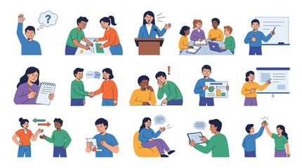 Fototapeta premium Flat Style Vector Icons: Business People Collaborating, Presenting, and Learning