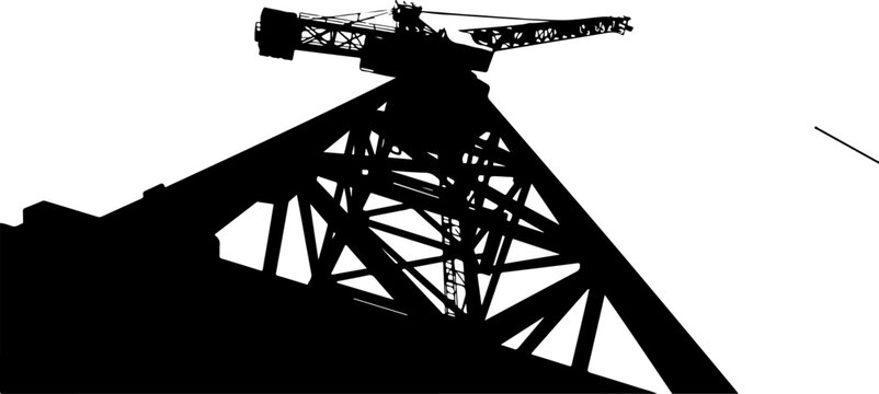 Industrial crane silhouette, construction equipment, black metal structure, vector icon