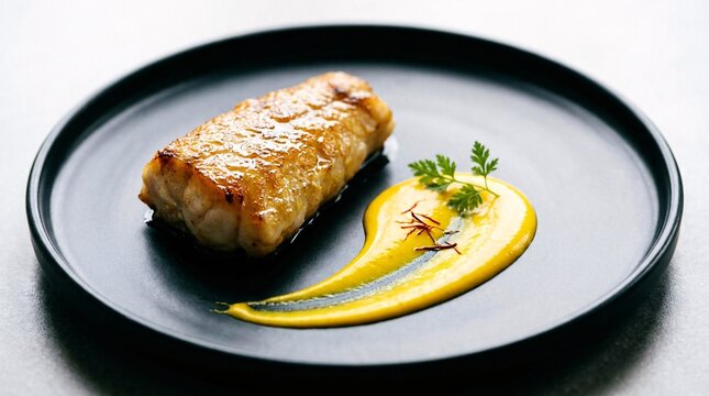 Lobster dish with saffron foam and foam on a black plate