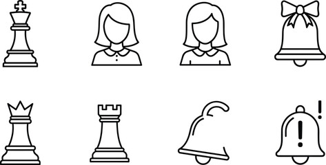 Minimalist linear icon set featuring chess pieces female avatars and notification alert bells for corporate business strategy UI UX design projects © AdhinChandra