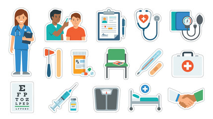 Fototapeta premium Flat Style Medical Icons: Nurse, Doctor, Stethoscope, Syringe, Bed