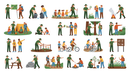 Fototapeta premium Park Rangers Helping Kids Explore Nature With Activities - Flat Style Illustration