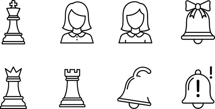 Minimalist linear icon set featuring chess pieces female avatars and notification alert bells for corporate business strategy UI UX design projects