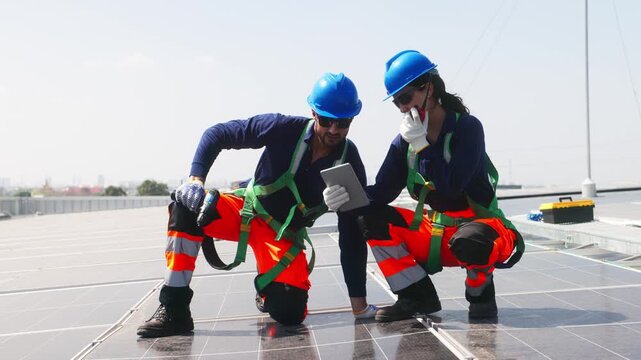 Two solar technicians inspecting rooftop photovoltaic panels, one adjusting panel alignment while colleague points and checks installation details.