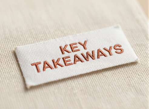 Close View Of Embroidered Label With Phrase Key Takeaways Prominently Displayed In Red Thread On White Fabric Background Text Stitched Capital Letters