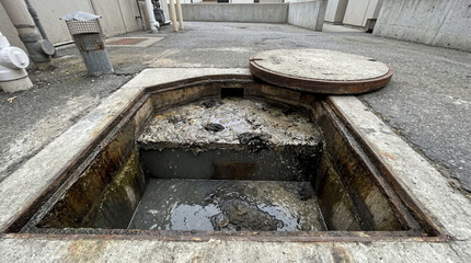 Fototapeta premium Open Lid Of Outdoor Concrete Grease Trap Showing Dark Wastewater And Separated Waste Materials System