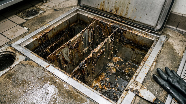 Dirty metal baffles inside open stainless steel grease trap during professional maintenance service routine cleaning