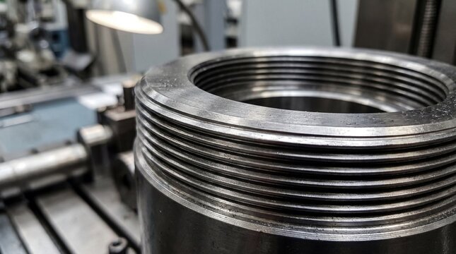 Macro Shot Of Threaded Base From Polished Steel Warhead Shell Showing Microscopic Material Textures Details