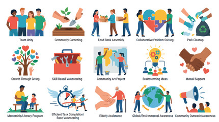 Fototapeta premium Diverse Community Volunteering Activities Flat Icons Set - Social Causes