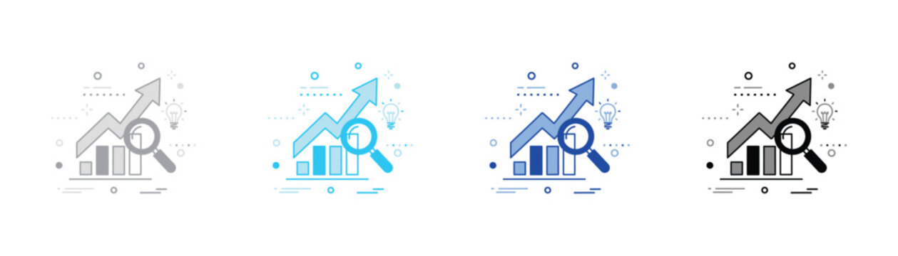 Business data analysis bar chart with growing arrow and magnifying glass icon analysis business magnifying lightbulb statistics marketing research strategy investment performance corporate