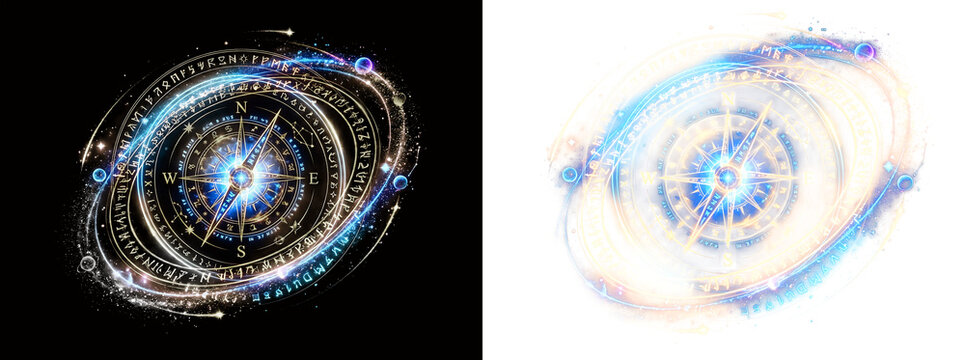 Magical nautical compass glowing with runic symbols and light orbits on split backgrounds.