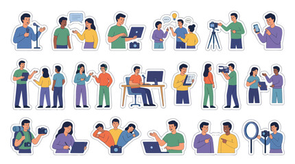 Fototapeta premium Flat Style Vector Icons of People Creating Content with Technology