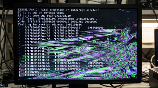 Close Up Display Of Flat Panel Screen Showing Kernel Panic System Error Log Code Information