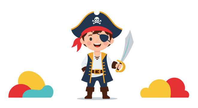 Cute little boy dressed in a pirate costume with a hat, eye patch, and a plastic sword stands against some colorful abstract clouds.