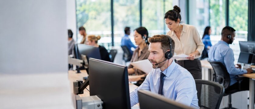 Customer service representative working in a busy call center office.
