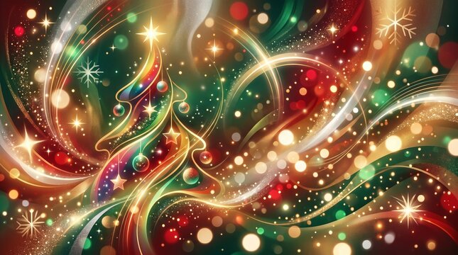 Abstract christmas tree with glowing lights and festive swirls