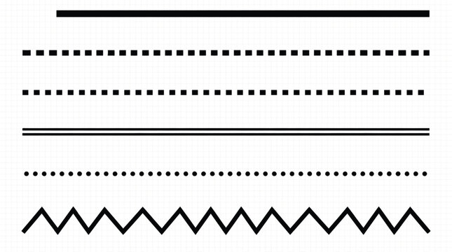 Vector set of black geometric divider lines including solid, dashed, double, dotted, and zigzag stroke borders isolated on transparent grid background