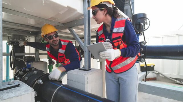 Two industrial technicians wearing helmets and safety gear inspecting and adjusting a large valve on mechanical pipeline infrastructure.