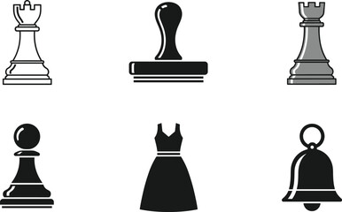 Minimalist solid and outline icon set featuring chess rooks pawn rubber stamp fashion dress and notification bell for corporate branding interface design projects © AdhinChandra