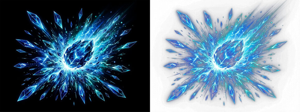 Exploding ice crystals with bright blue lightning bolts and frozen shards in motion blur.