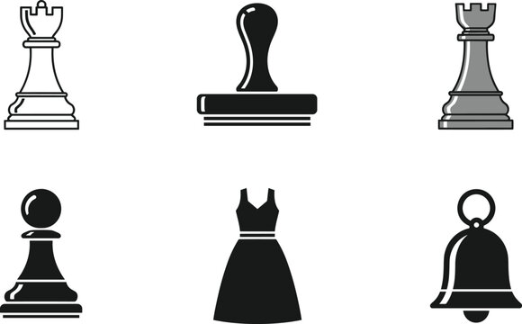Minimalist solid and outline icon set featuring chess rooks pawn rubber stamp fashion dress and notification bell for corporate branding interface design projects