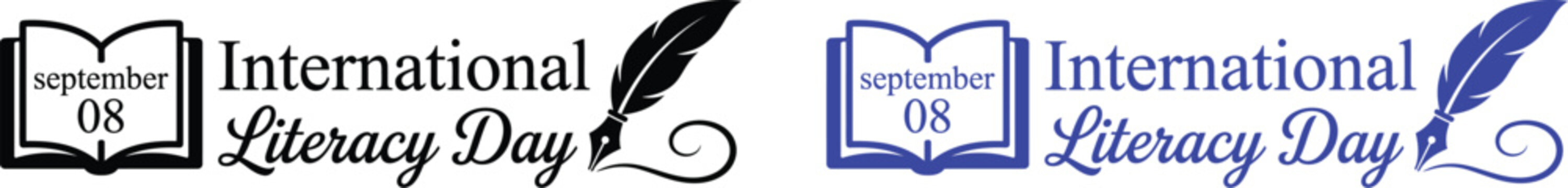 International literacy day graphic with open book and quill pen design