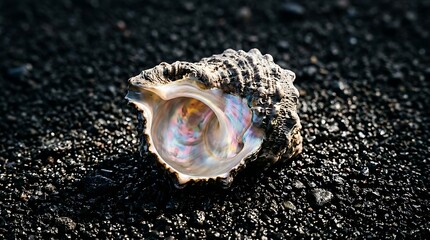 Naklejka premium Single iridescent seashell resting on dark black volcanic sand