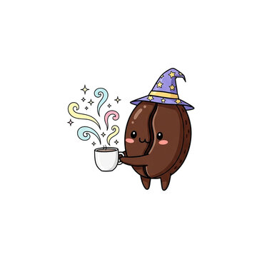 Cute animated coffee bean character with magic hat holding a cup transparent background