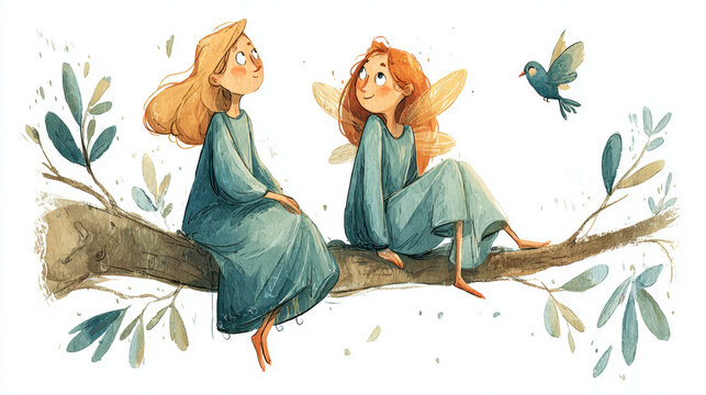 Angel and fairy sitting on tree branch, Flat illustration --chaos 10 --ar 16:9 --profile zboktle --stylize 500 --v 7 Job ID: 01fa9a7d-3199-40d9-be4d-e51ce9034730