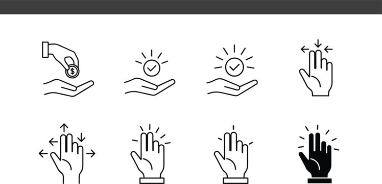 Minimalist touch screen gesture and transaction icon set featuring hand interactions checkmarks and swipe indicators for UI UX interface design projects