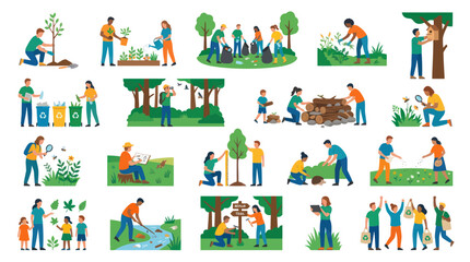 Fototapeta premium People gardening, planting trees, recycling, cleaning nature, caring for environment