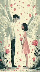 Fototapeta premium Angel and fairy surrounded by floating petals, Flat illustration --chaos 10 --ar 9:16 --profile zboktle --stylize 500 --v 7 Job ID: 22a4b8a4-e04b-4b6a-b514-2c742f114e10