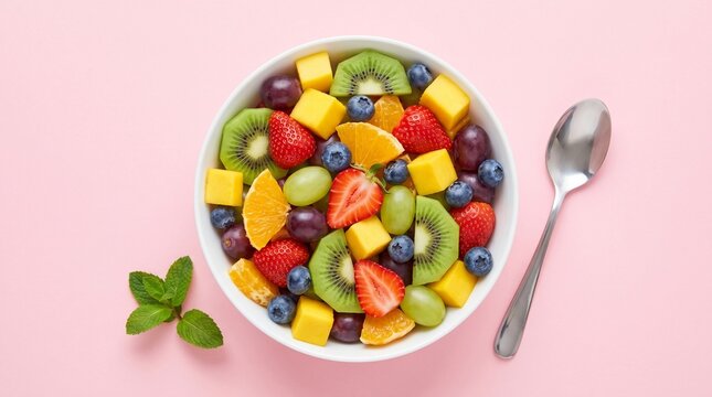 Semangkuk salad buah segar dengan stroberi dan kiwi diletakkan pada latar merah muda melambangkan gaya hidup sehat dan diet bernutrisi.