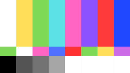 Dynamic visual of a retro television test pattern, displaying classic color bars and signal interruption graphics for a nostalgic screen background © midnight pixel