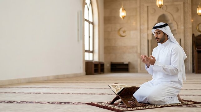 Muslim man in traditional dress praying inside a mosque