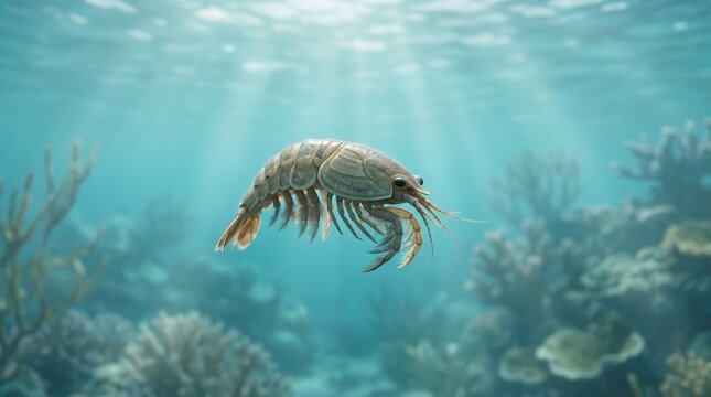 Macro shot of a small amphipod crustacean swimming in a vibrant coral reef ecosystem, detailed marine biology concept for oceanographic research and aquatic life studies