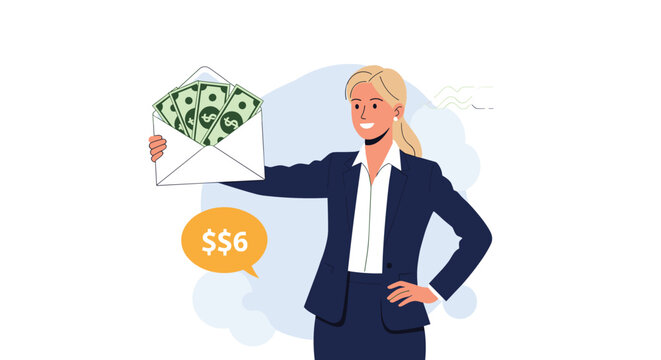 Successful businesswoman in a professional navy suit presents an open envelope filled with dollar bills as a financial reward.